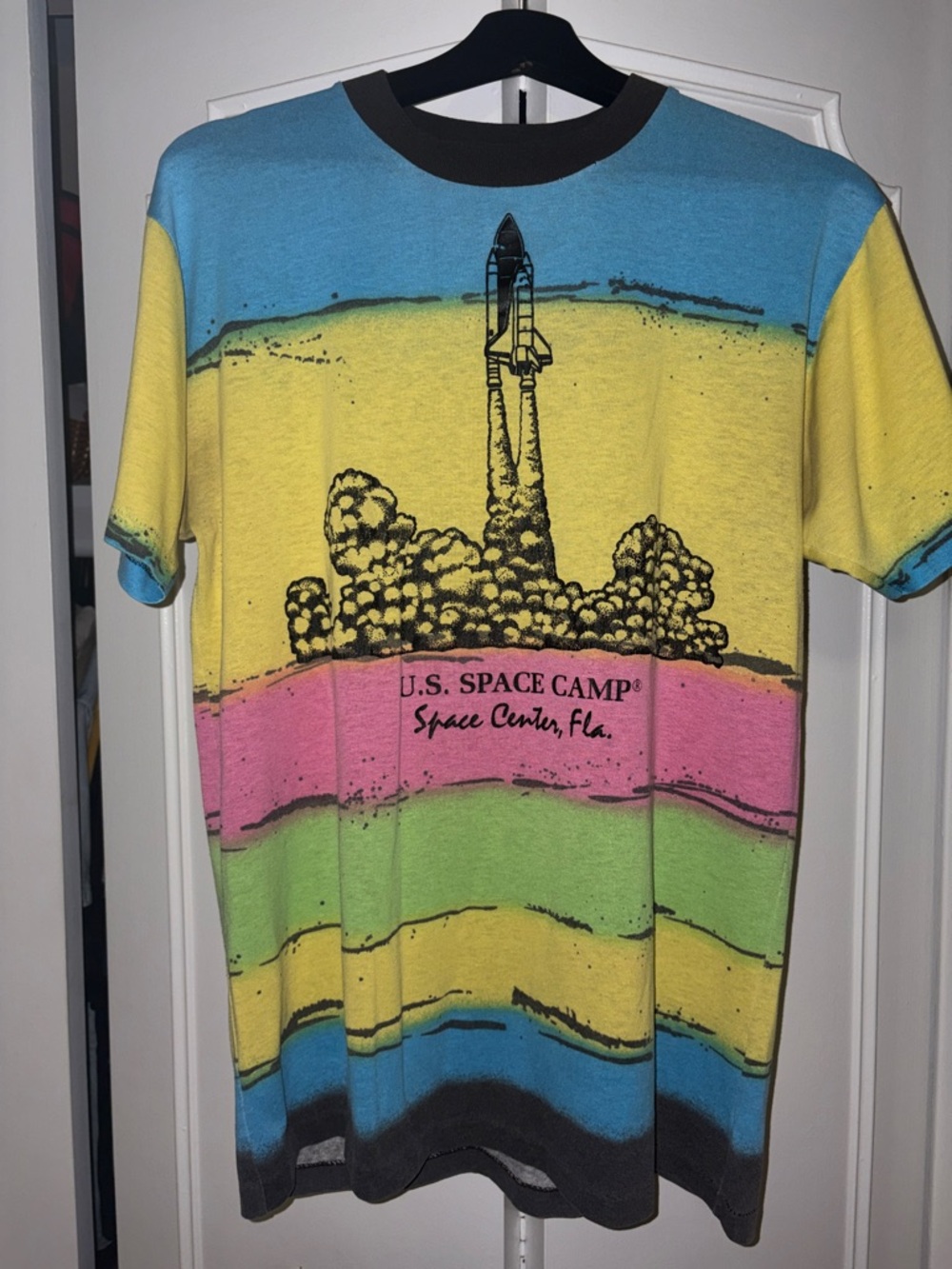 VINTAGE - U.S. Space Camp Colorblock Rocket T‑Shirt — Yellow, Blue, Pink, Green